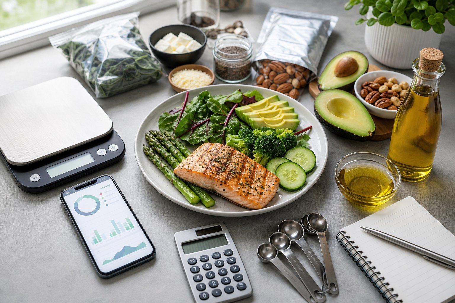 Keto-friendly foods arranged beside a food scale, calculator, and nutrition-tracking phone for Counting Net Carbs on Keto.