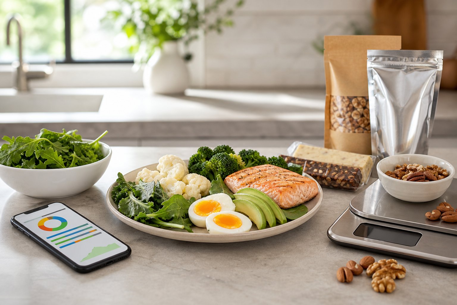 A kitchen counter displays low-carbohydrate foods, packaged keto products, a nutrition tracker, and a kitchen scale.