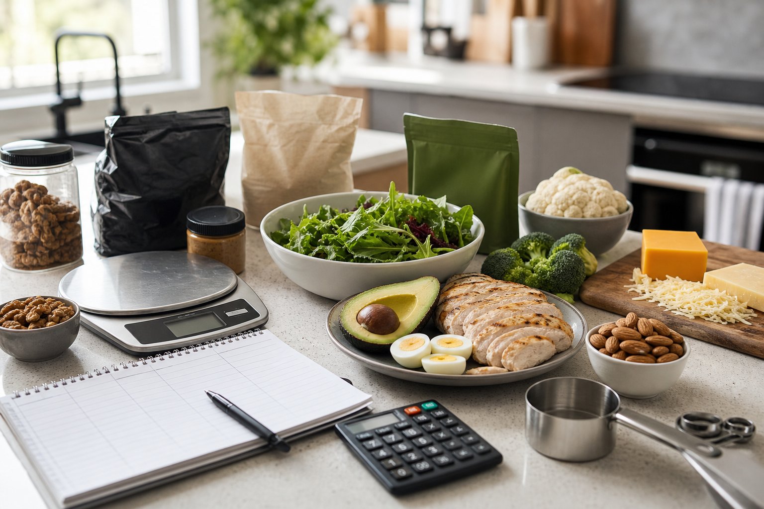 Keto-friendly foods arranged beside a kitchen scale, measuring cups, and a nutrition notebook on a modern counter.