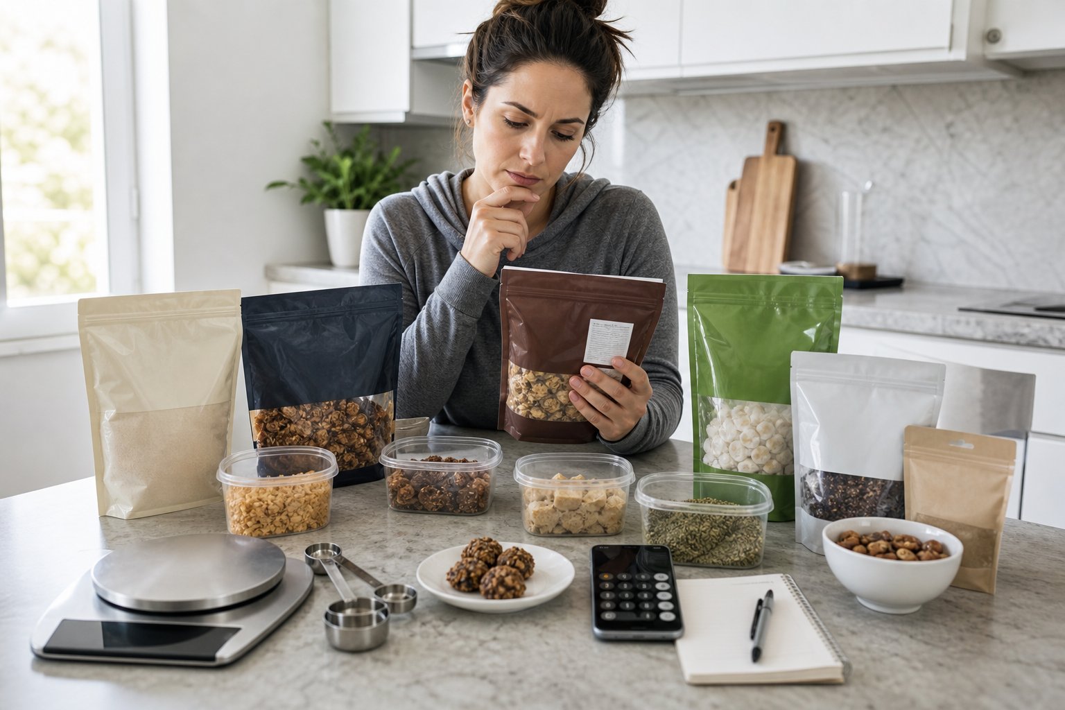 A person compares low-carb packaged foods, portion sizes, and ingredients on a kitchen counter.