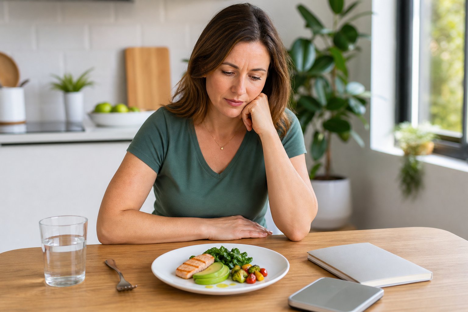 A thoughtful person looks at a small ketogenic meal on a kitchen table.