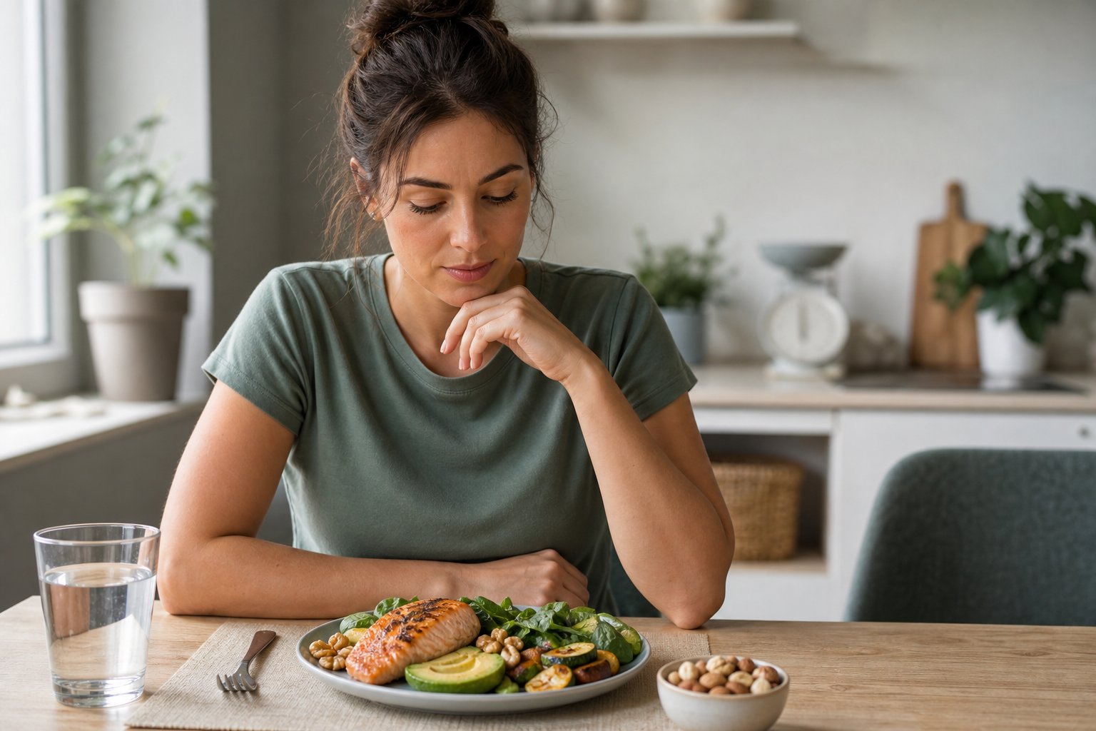 A person thoughtfully examines a modest low-carbohydrate meal at a bright kitchen table.