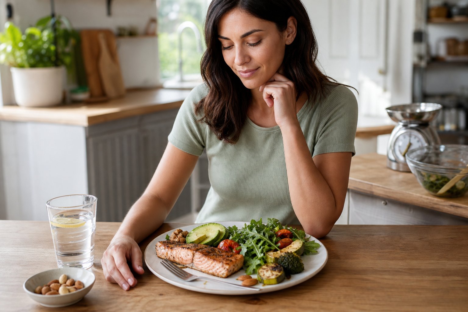 A person sits beside a partially finished keto meal with salmon, avocado, leafy greens, and vegetables.
