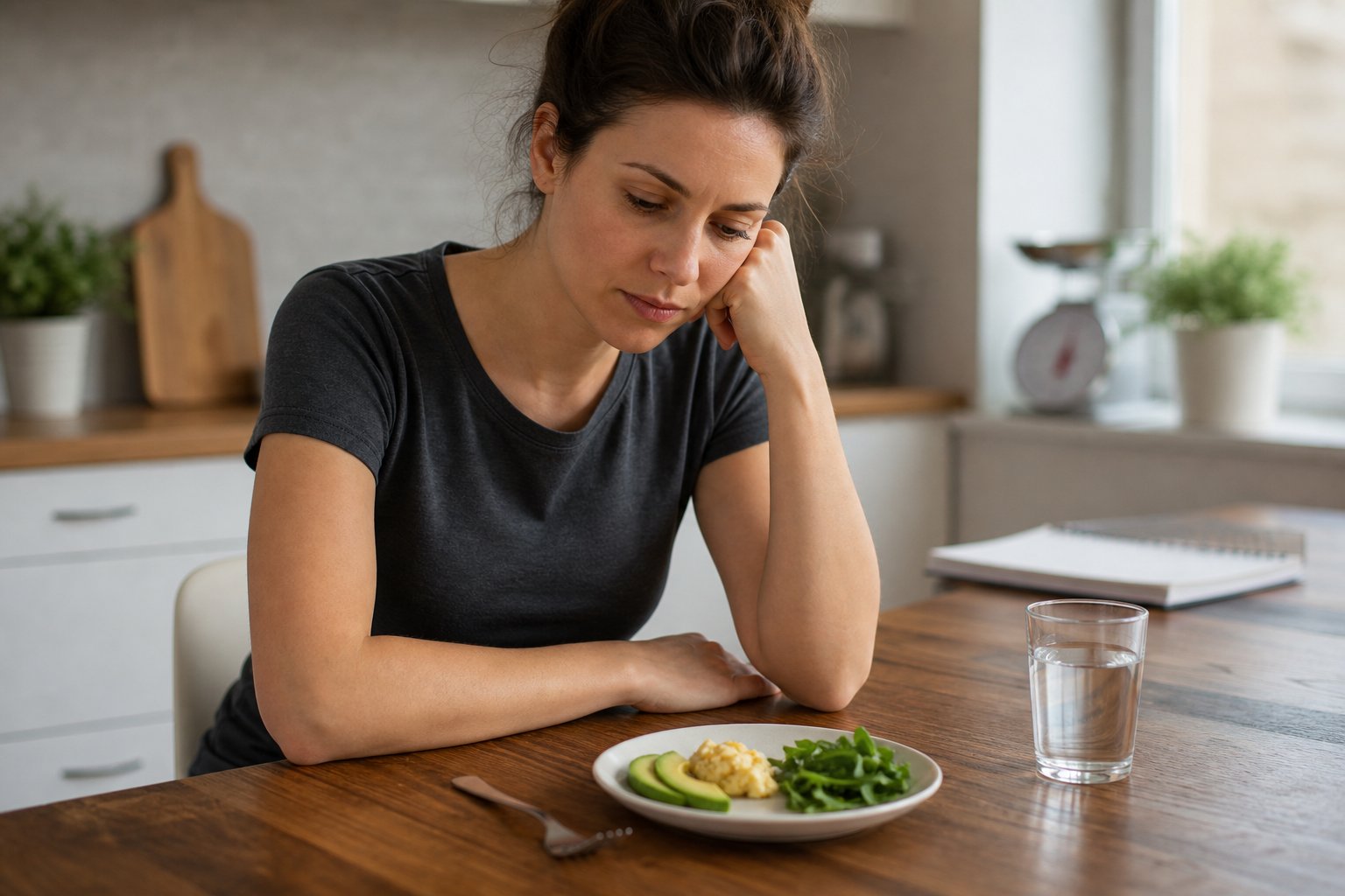 A thoughtful adult sits at a table with a very small low-carbohydrate meal.