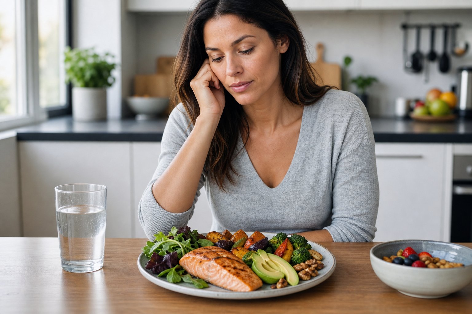 A person sits at a kitchen table looking thoughtfully at a keto-friendly meal with salmon, avocado, vegetables, and nuts.