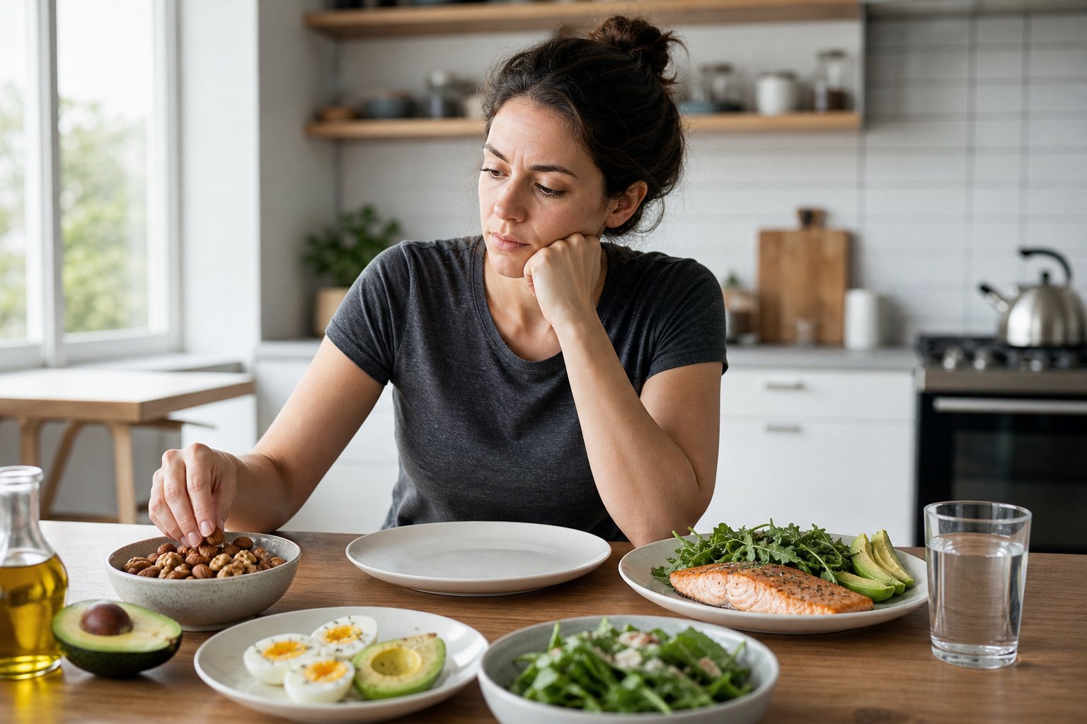 An adult sits at a kitchen table looking thoughtfully at a small low-carbohydrate meal surrounded by healthy foods.