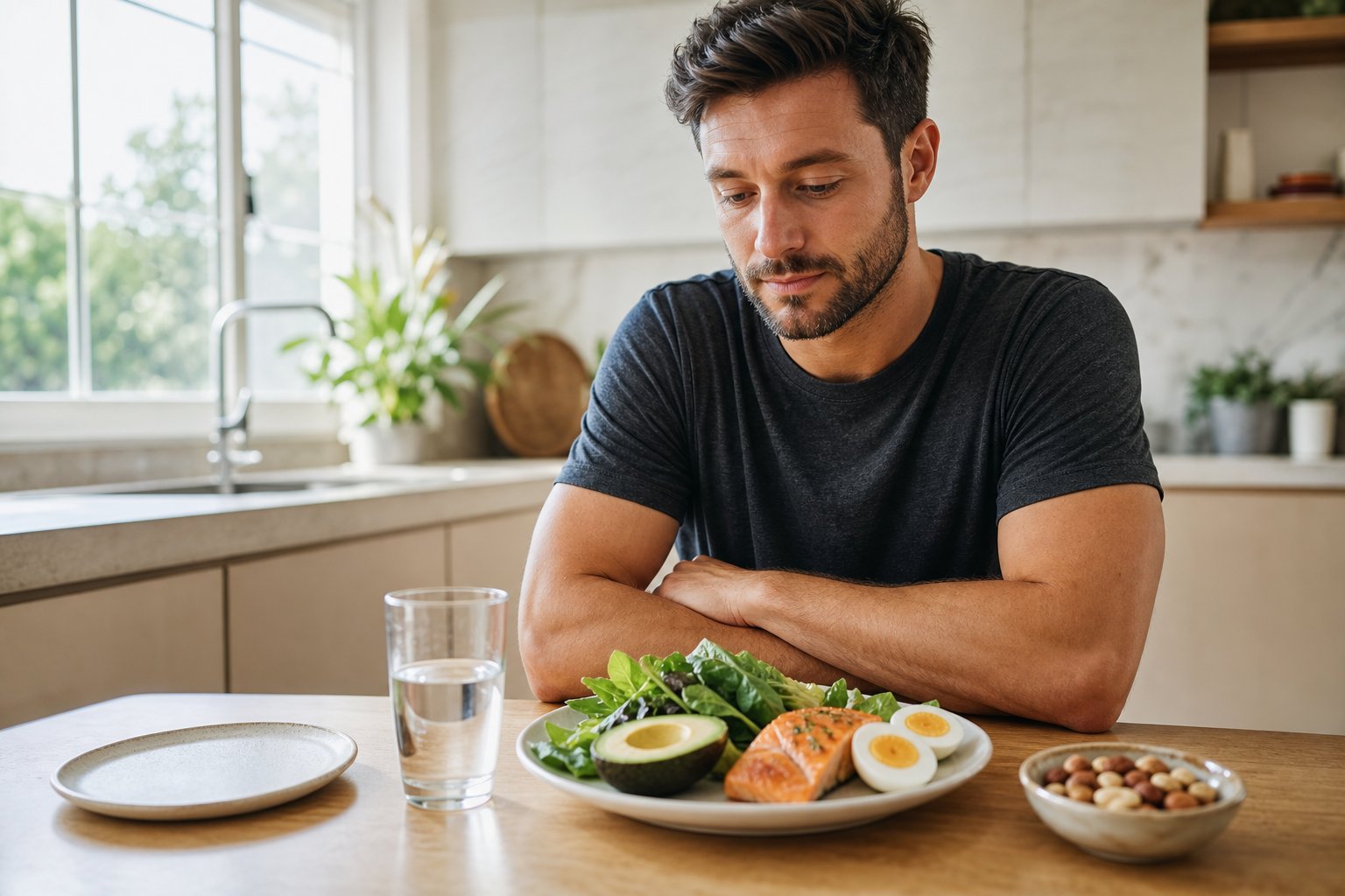An adult thoughtfully considers a low-carbohydrate meal at a bright kitchen table.