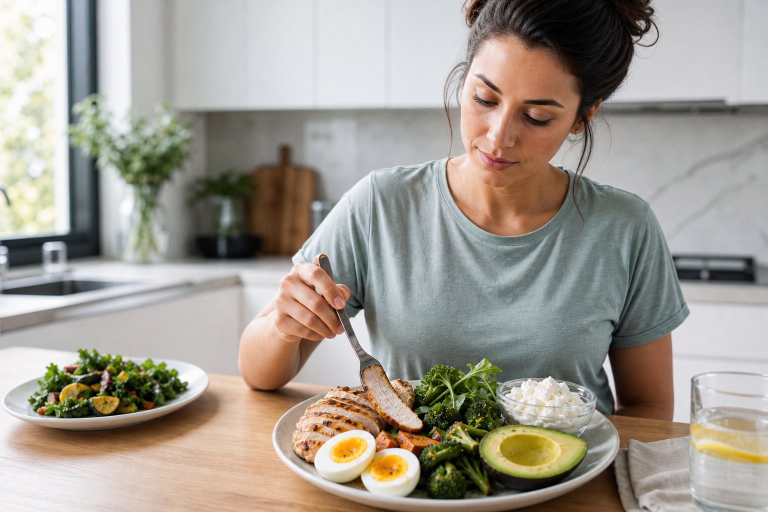 A person prepares a protein-rich keto meal with chicken, eggs, avocado, greens, and vegetables in a bright kitchen.