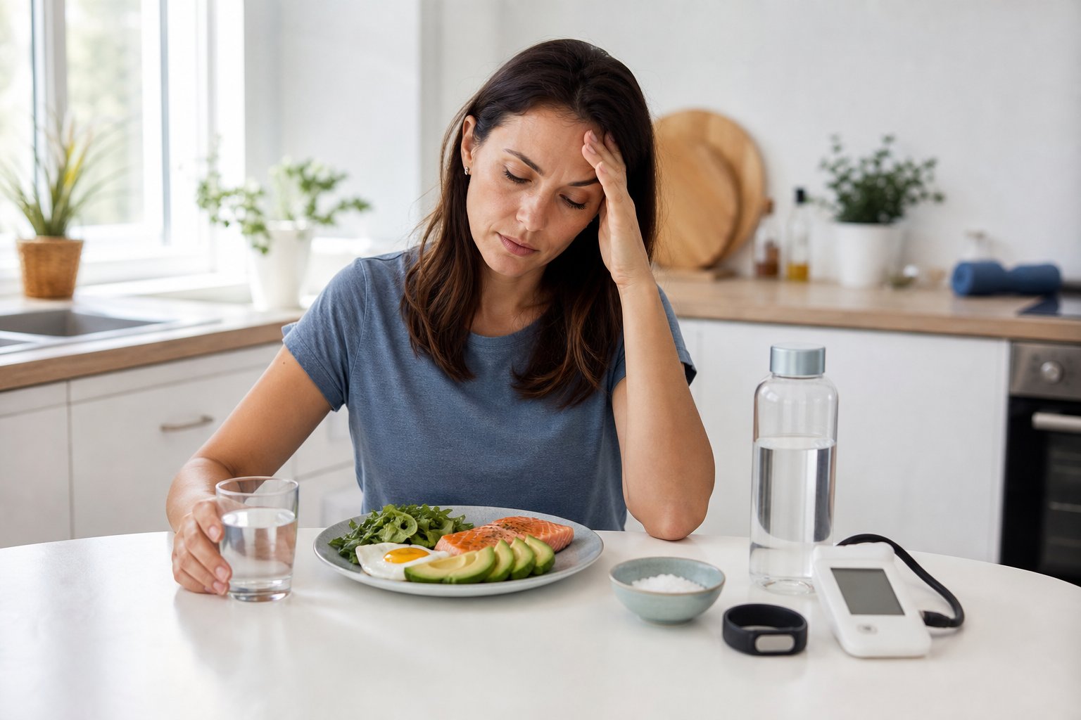 A tired person sits at a kitchen table beside a keto-friendly meal, water, and wellness items.