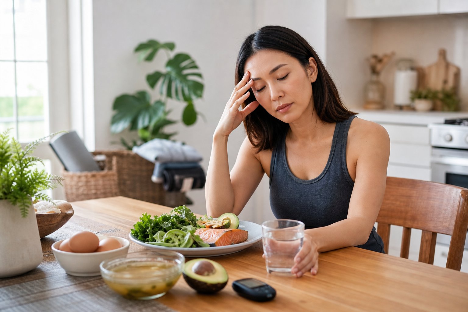 A tired person sits at a kitchen table beside water, keto-friendly foods, and a wellness meter.
