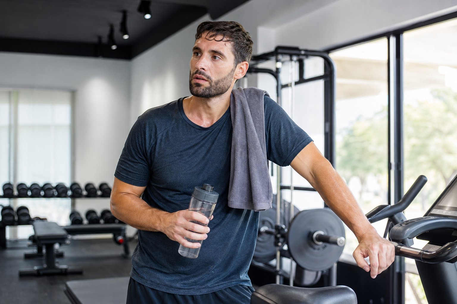 A tired athlete pauses beside exercise equipment while holding a water bottle in a bright gym.