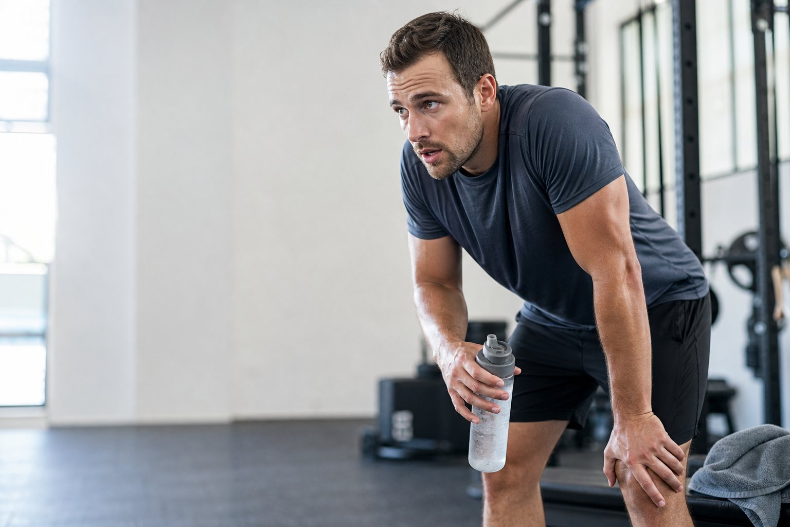 A tired athlete pauses during a workout while holding a water bottle.