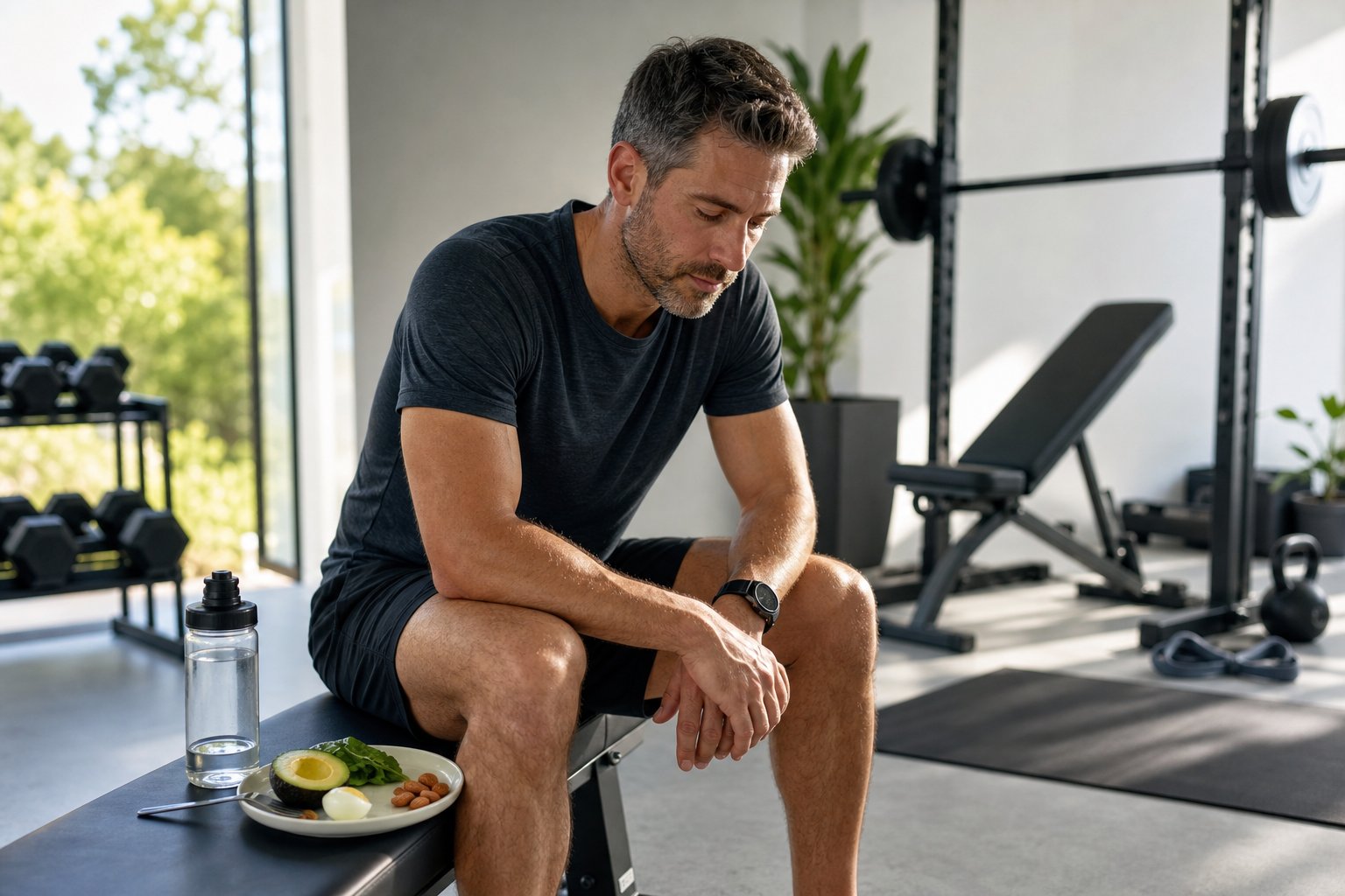 A tired athlete rests beside workout equipment with a water bottle and a small keto-friendly meal.