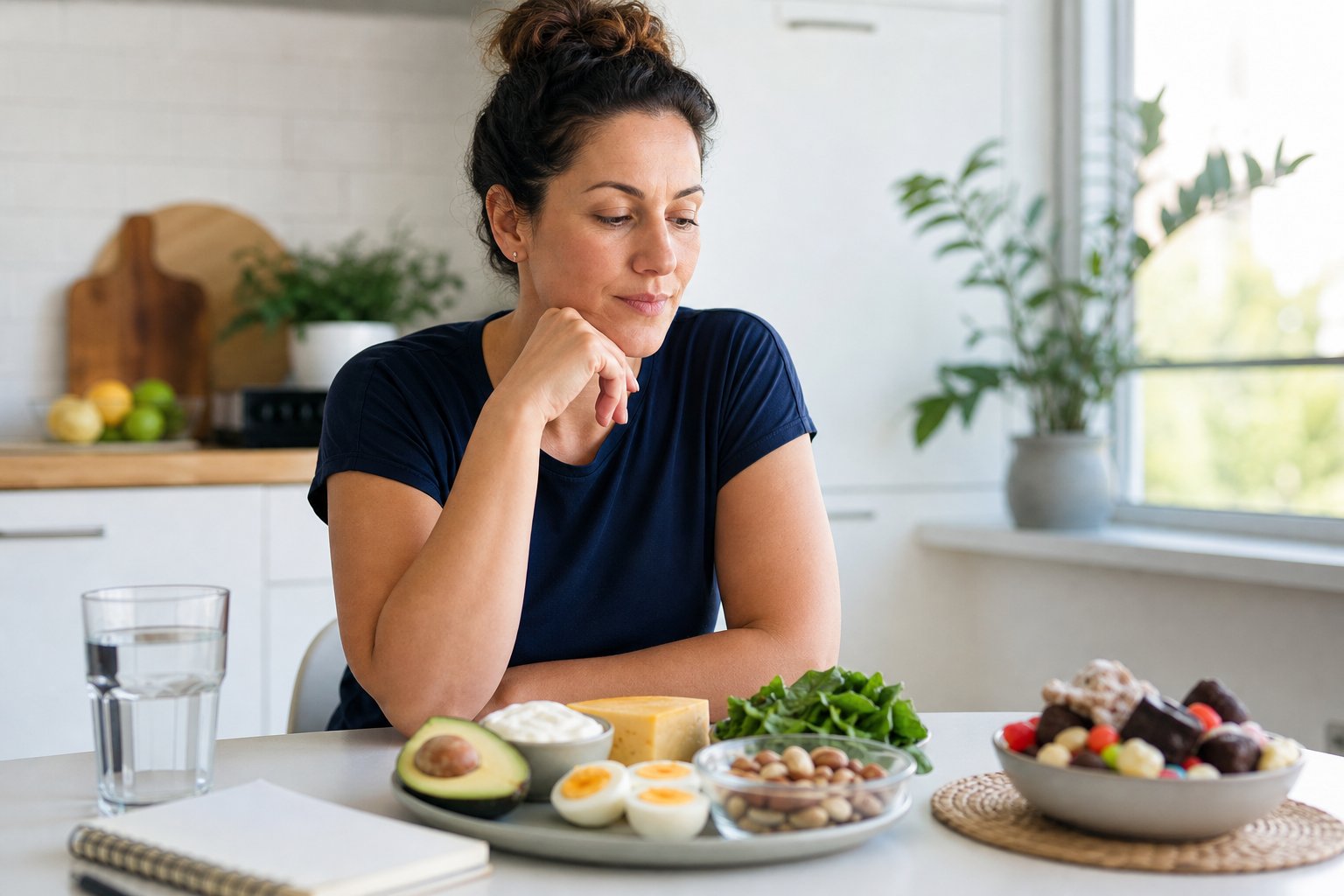 An adult considers keto-friendly foods at a kitchen table while sugary snacks sit in the background.