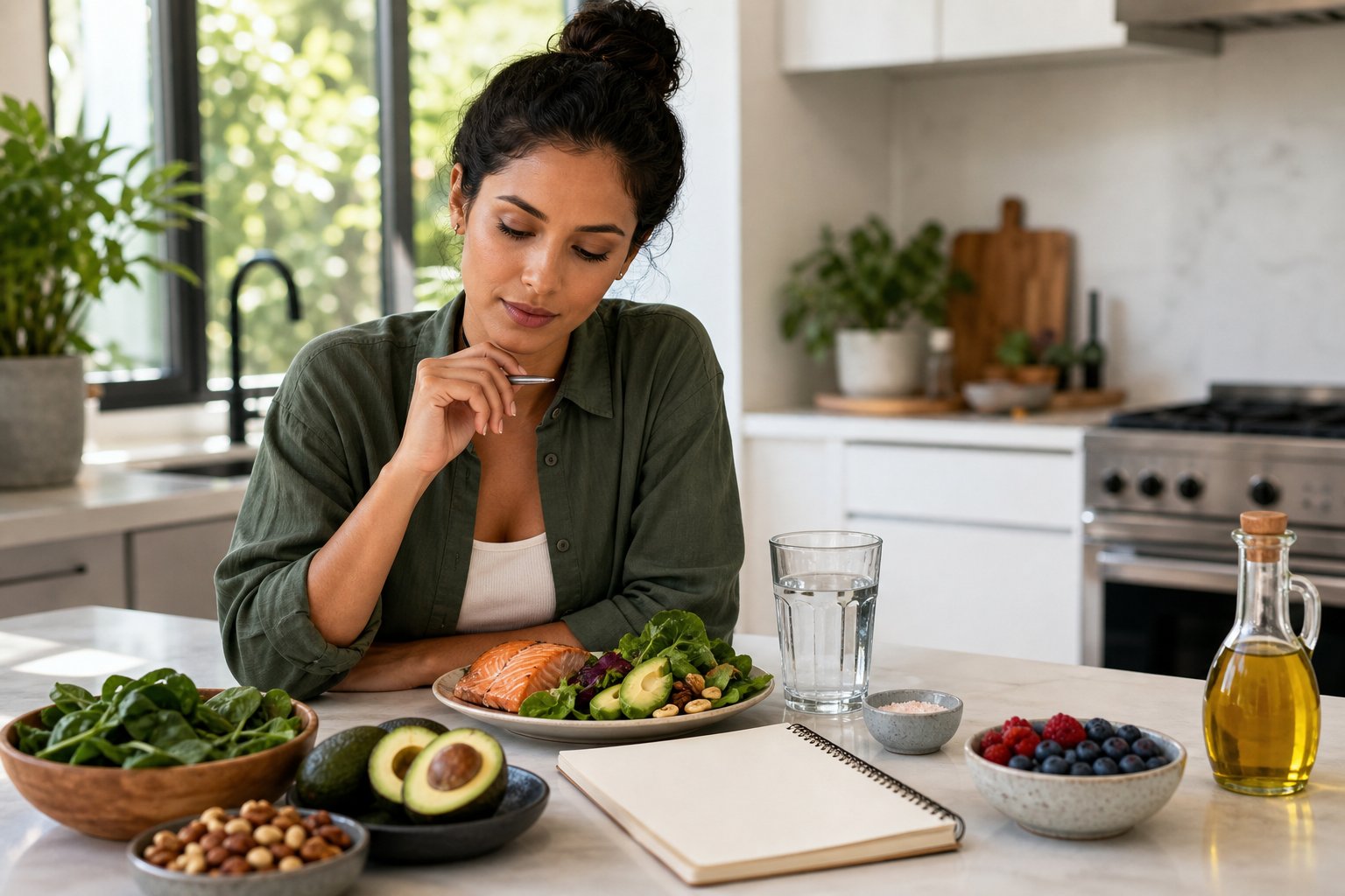A person in a bright kitchen considers a balanced low-carbohydrate meal with water and healthy foods.
