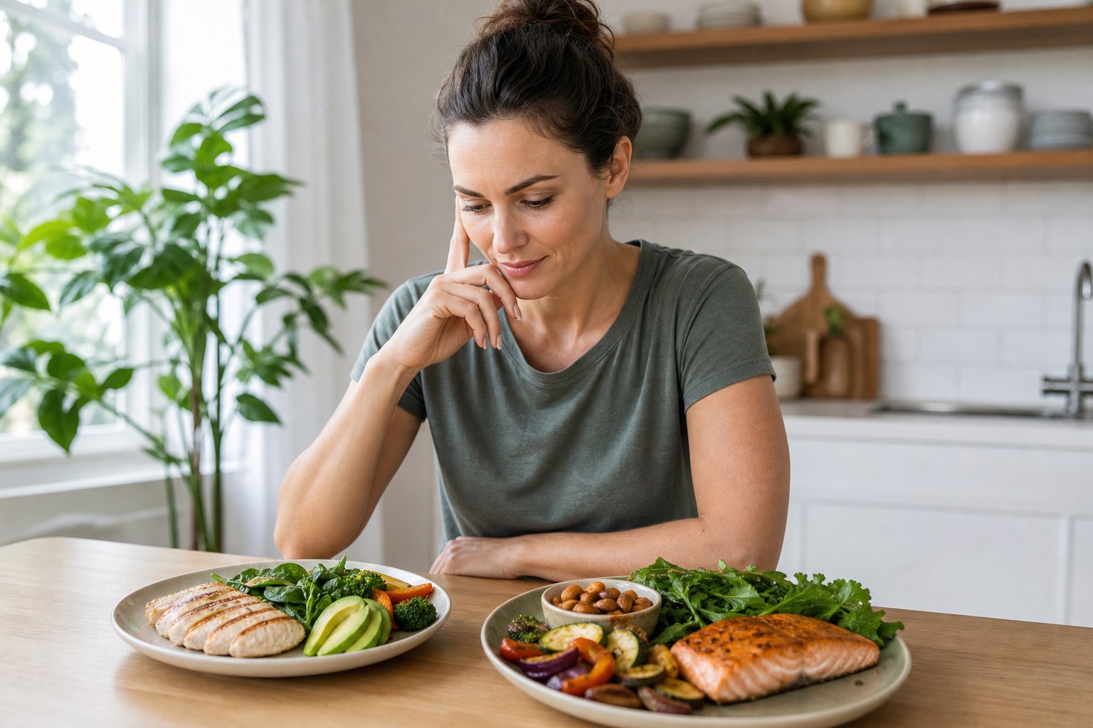 A person compares a small keto meal with a more satisfying plate of protein, vegetables, avocado, and healthy fats.