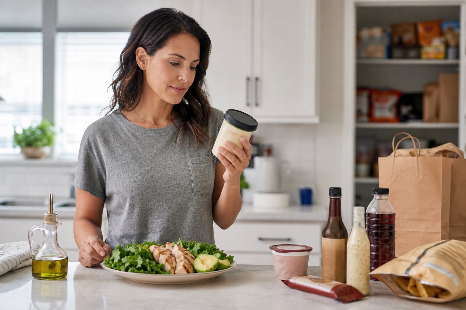 A person in a bright kitchen examines packaged foods beside a low-carb meal of chicken, greens, and avocado.