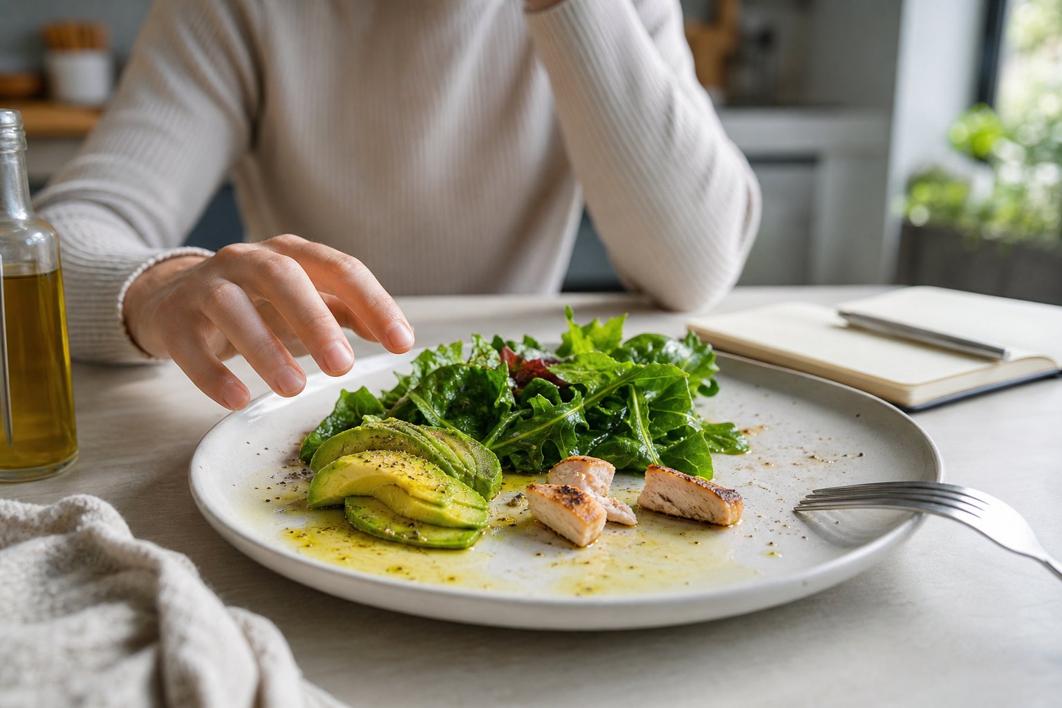 A low-carbohydrate meal with leafy greens and avocado has only a small portion of grilled chicken, suggesting insufficient protein.
