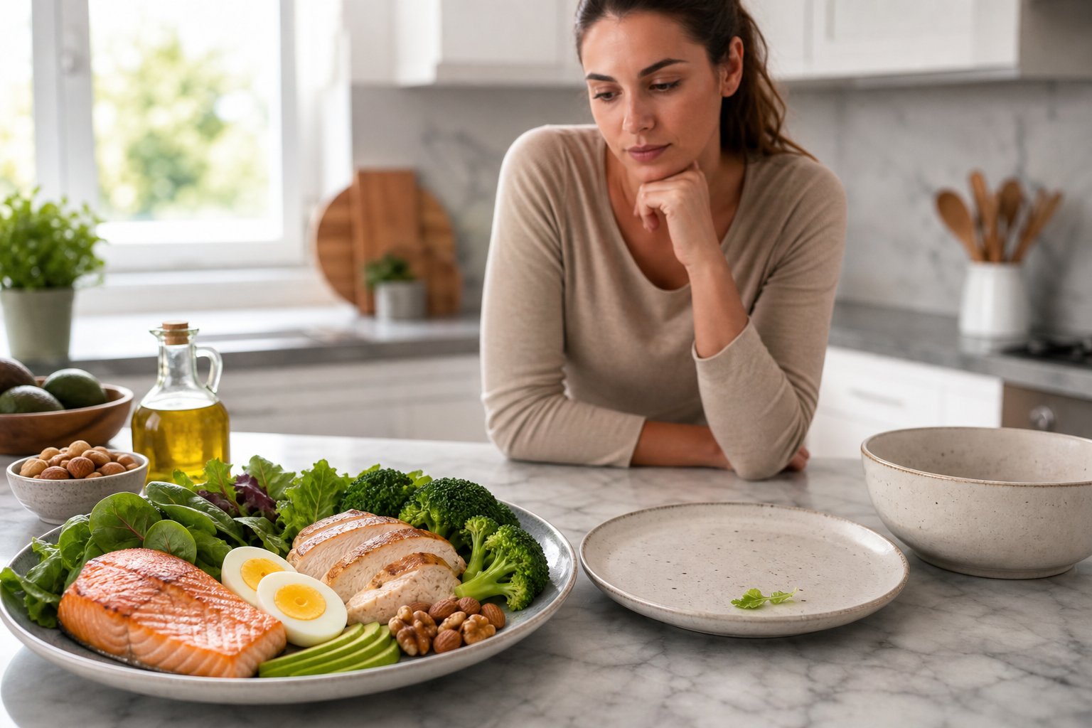 A person considers a keto meal with protein-rich foods, vegetables, and an almost empty plate.