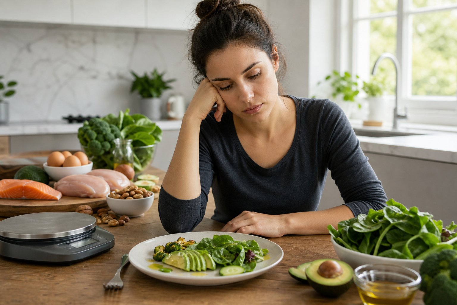 A tired-looking adult sits beside a low-carbohydrate meal with very little protein in a bright kitchen.