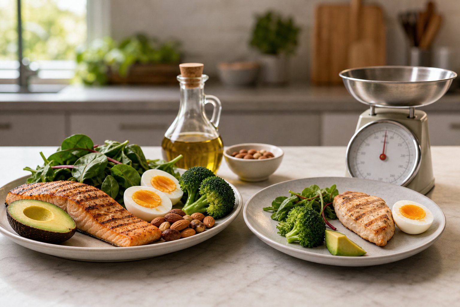 A balanced plate of keto-friendly foods, including grilled protein, eggs, avocado, and leafy green vegetables, beside a smaller serving of protein.