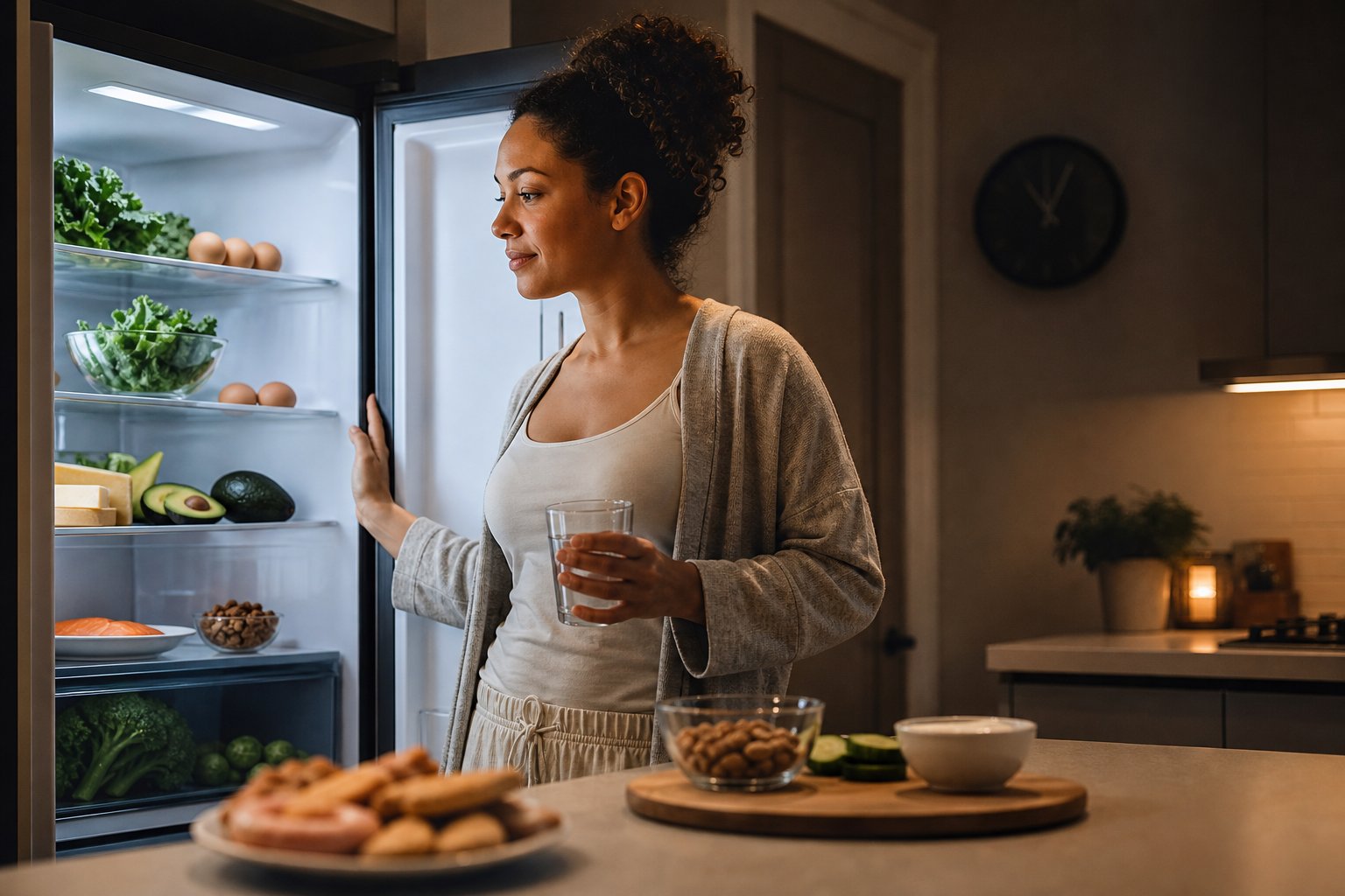 A tired adult stands by an open refrigerator at night, choosing healthy low-carbohydrate foods while snack foods sit nearby.