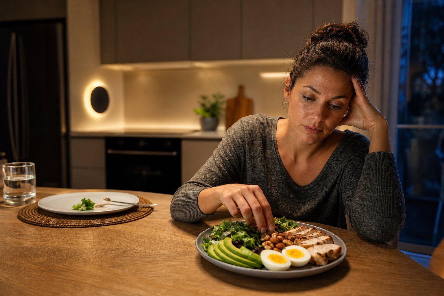 A hungry adult reaches for a plate of keto-friendly food in a warmly lit kitchen at night.
