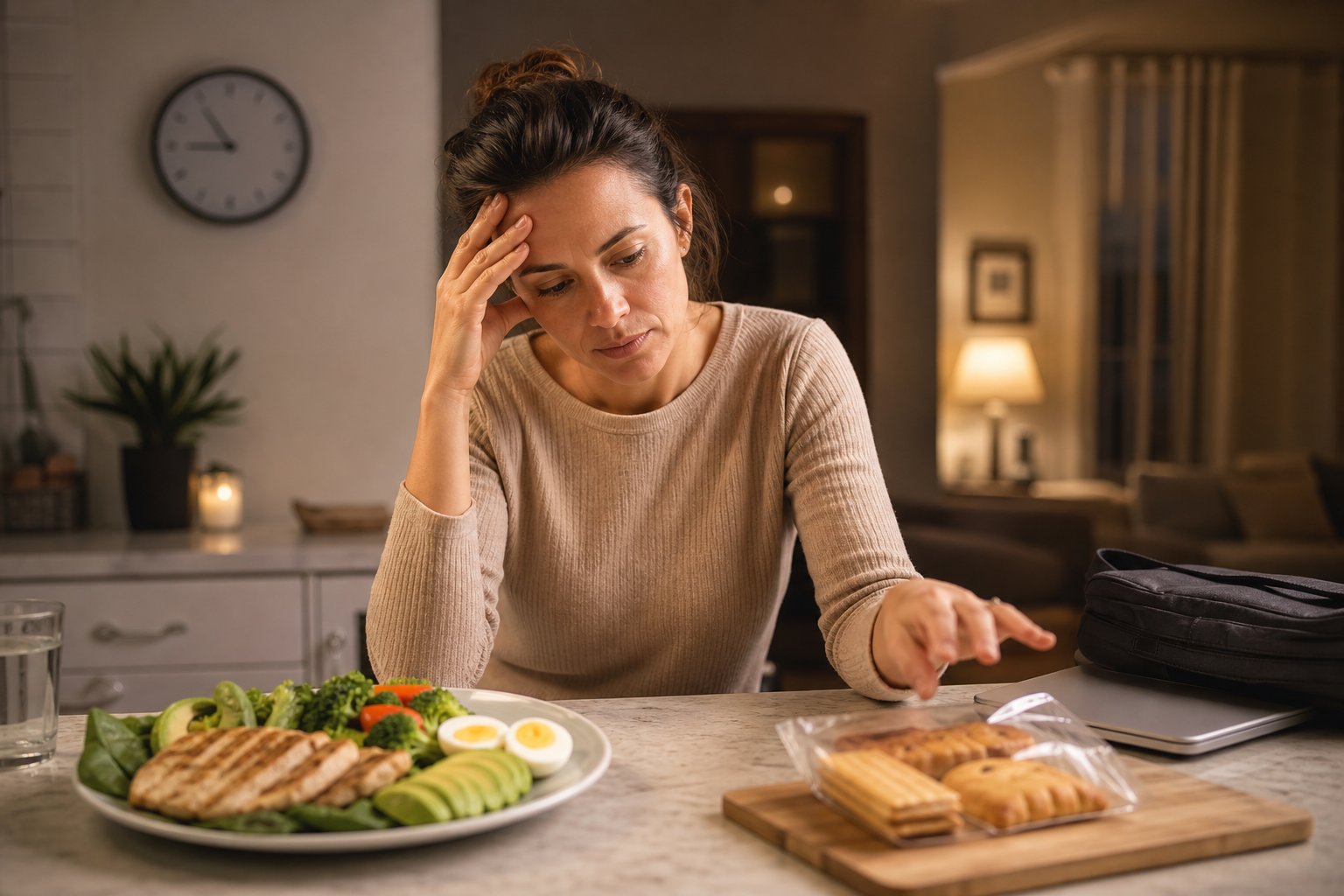 A tired person sits in a kitchen at night, hesitating between a healthy low-carb meal and tempting snack foods.