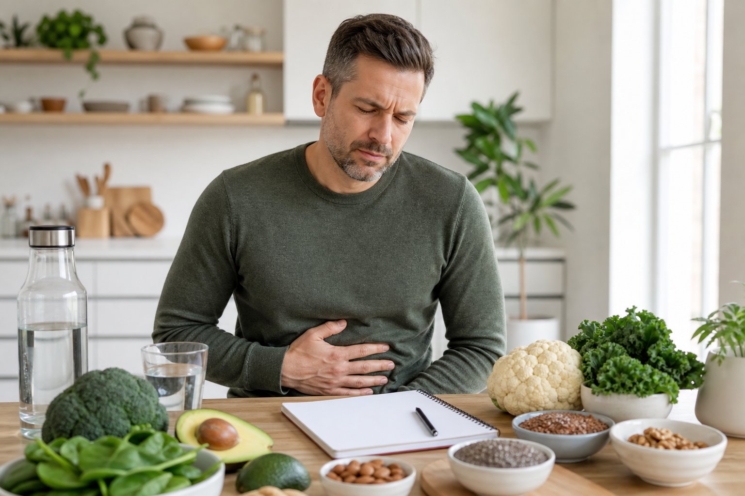 An adult sits at a kitchen table holding their abdomen beside keto-friendly vegetables, seeds, nuts, and a glass of water.