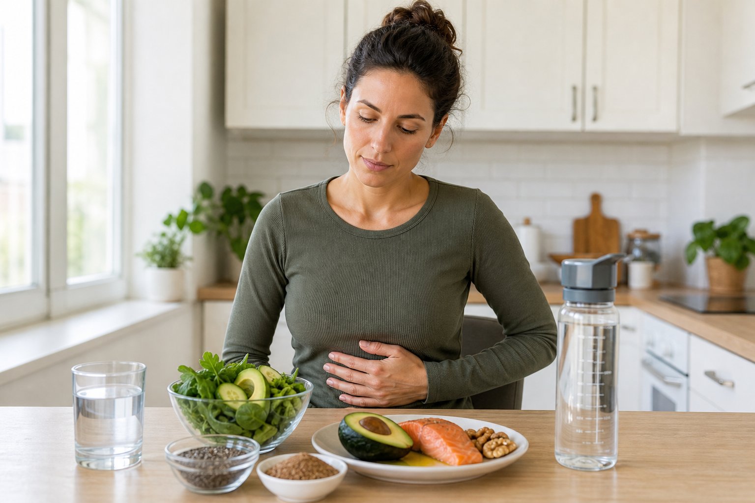An adult in a bright kitchen rests a hand on their abdomen beside water, keto foods, vegetables, and fiber-rich ingredients.