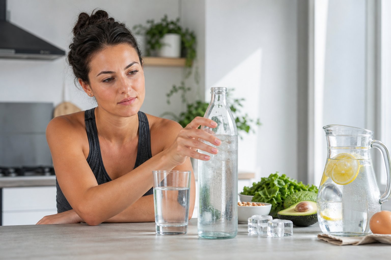 An adult in a bright kitchen reaches for a glass of water beside keto-friendly foods.