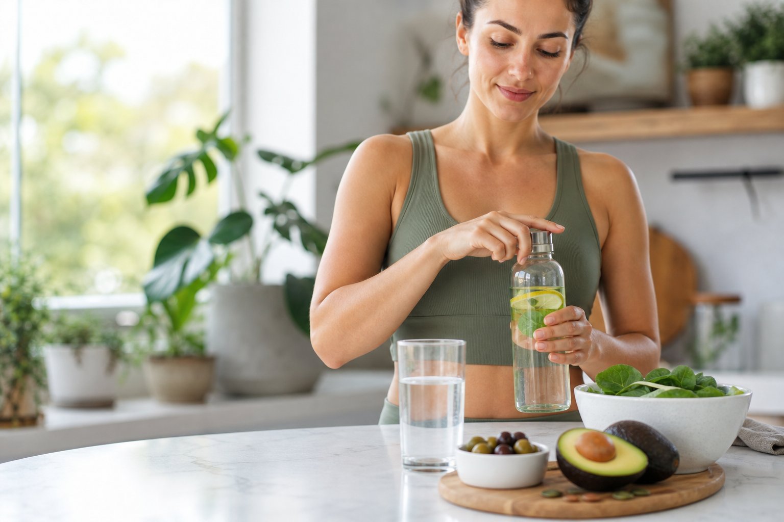 A person prepares a glass of water beside electrolyte-rich foods in a bright kitchen.