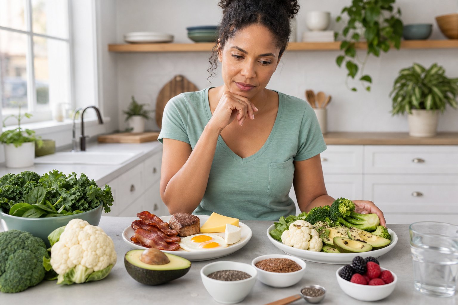 A person prepares a low-carbohydrate meal with leafy greens, vegetables, seeds, avocado, and water beside a plate of eggs, cheese, and meat.