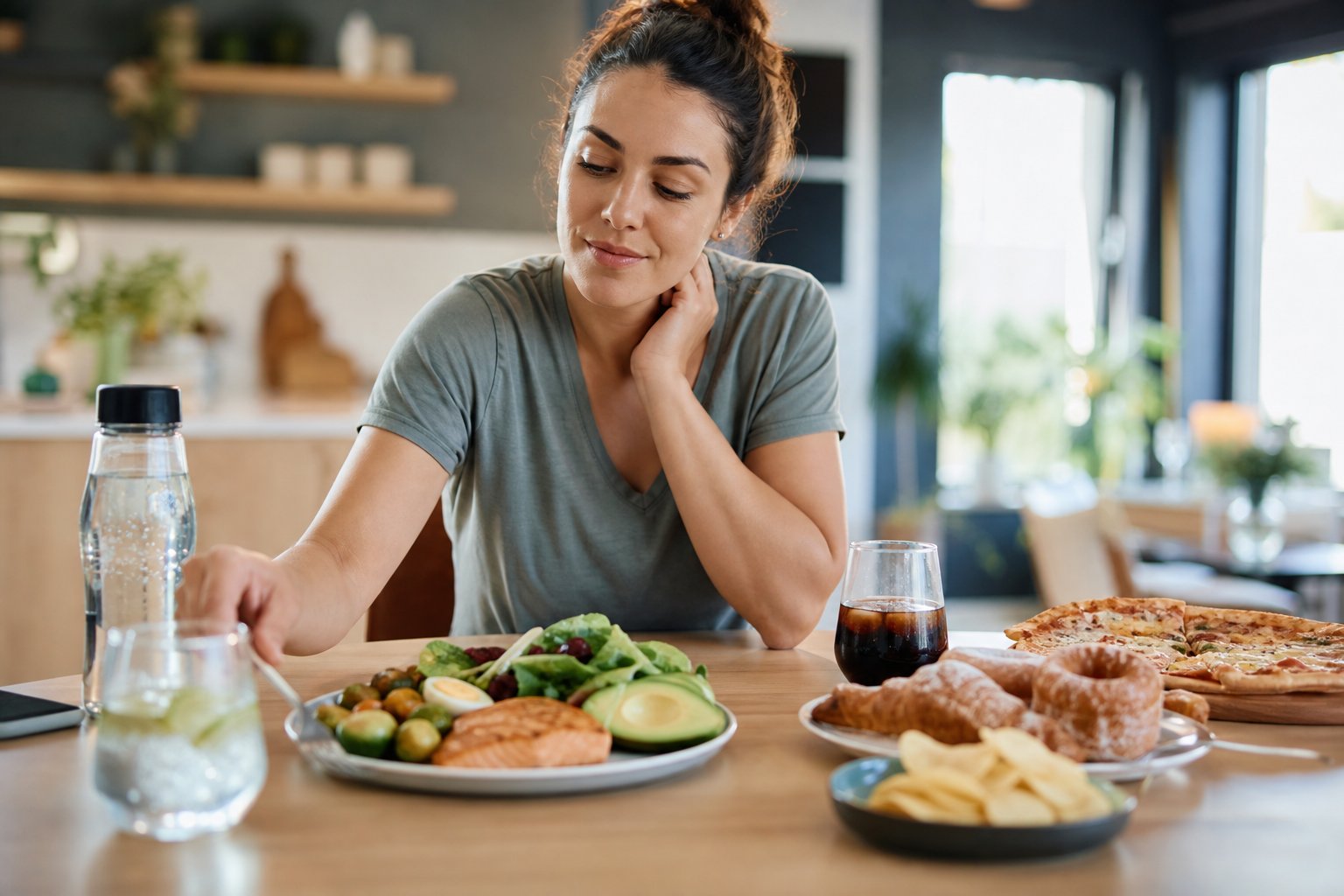 A person chooses a healthy keto meal while tempting weekend foods sit nearby.