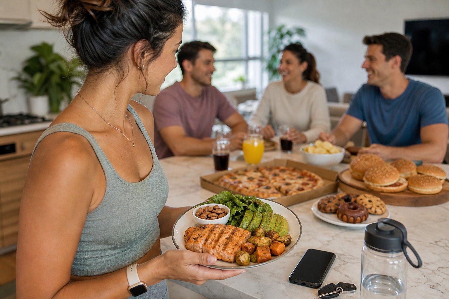 A person chooses a low-carb meal while high-carbohydrate weekend foods sit nearby on a kitchen table.