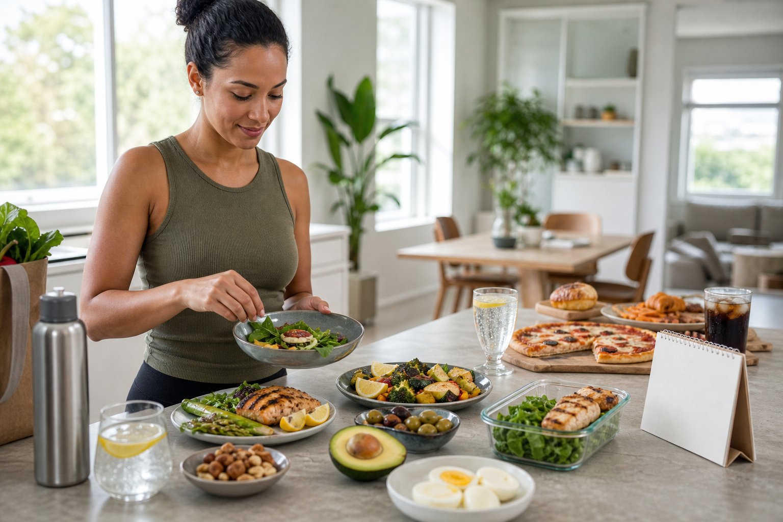 An adult prepares a keto-friendly meal while tempting weekend foods sit nearby in a bright home kitchen.