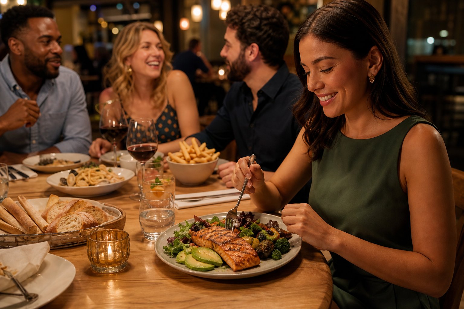 A group of friends shares a restaurant meal while one person chooses a plate of grilled protein, greens, and vegetables among shared breads and pasta.