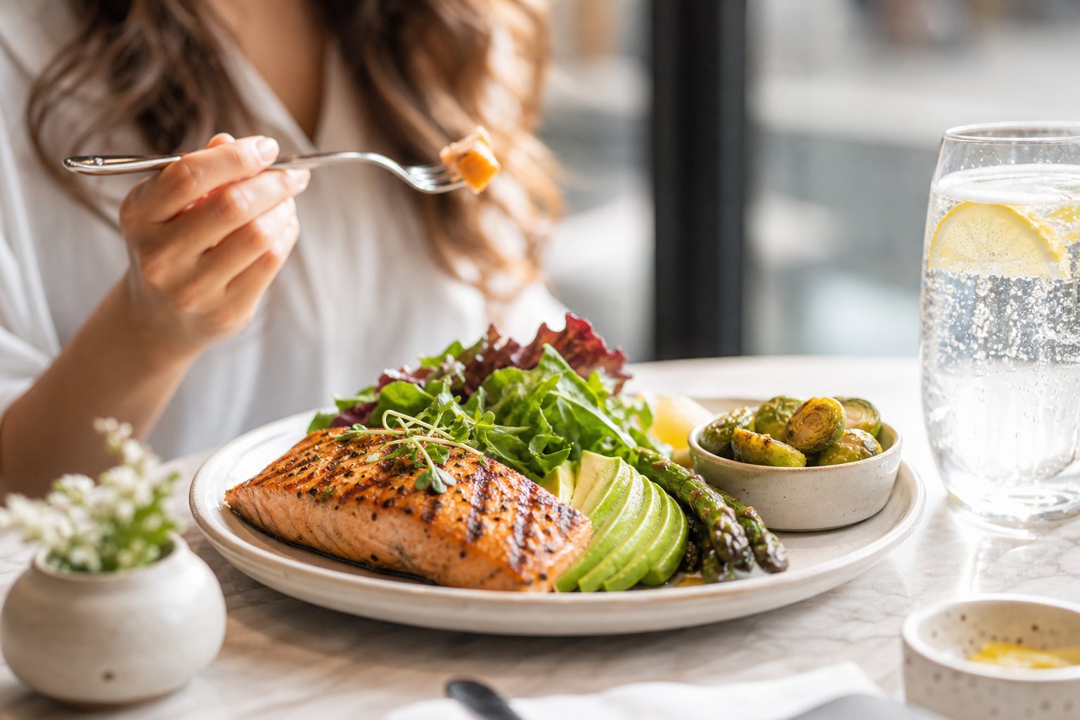 A diner enjoys a grilled low-carbohydrate meal with salad, asparagus, avocado, and sparkling water at a restaurant.