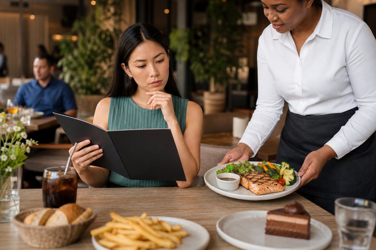 A diner studies a restaurant menu while considering a low-carbohydrate meal surrounded by tempting foods.