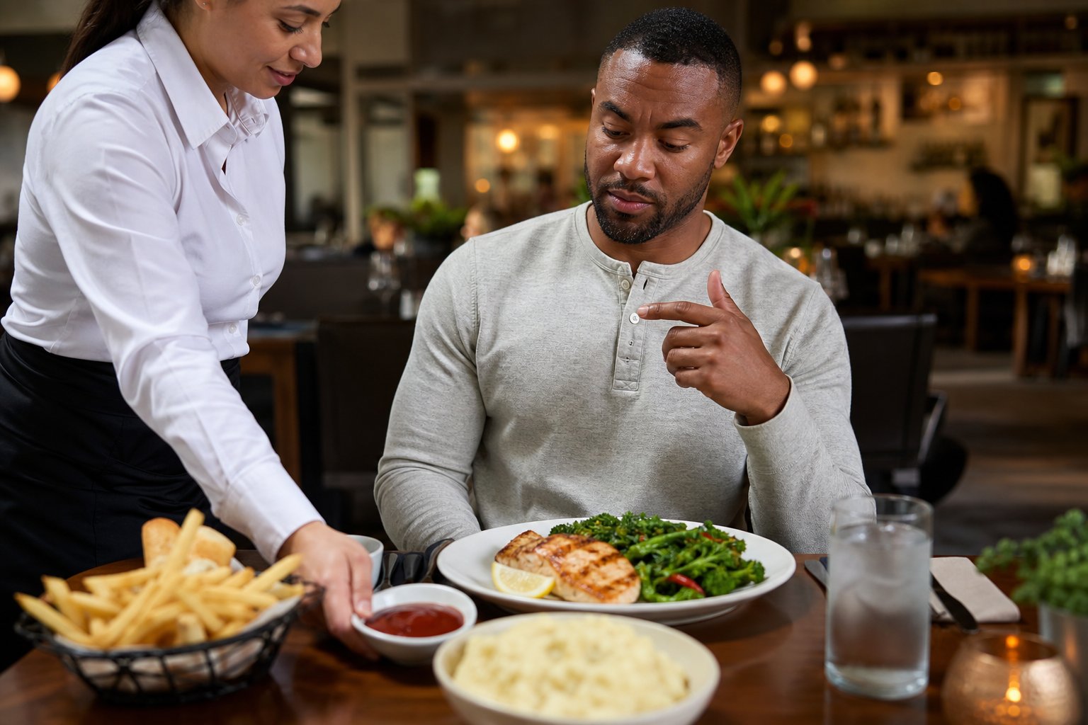 A diner reviews a restaurant meal while setting aside bread, fries, and sugary sauce beside a low-carb entrée.