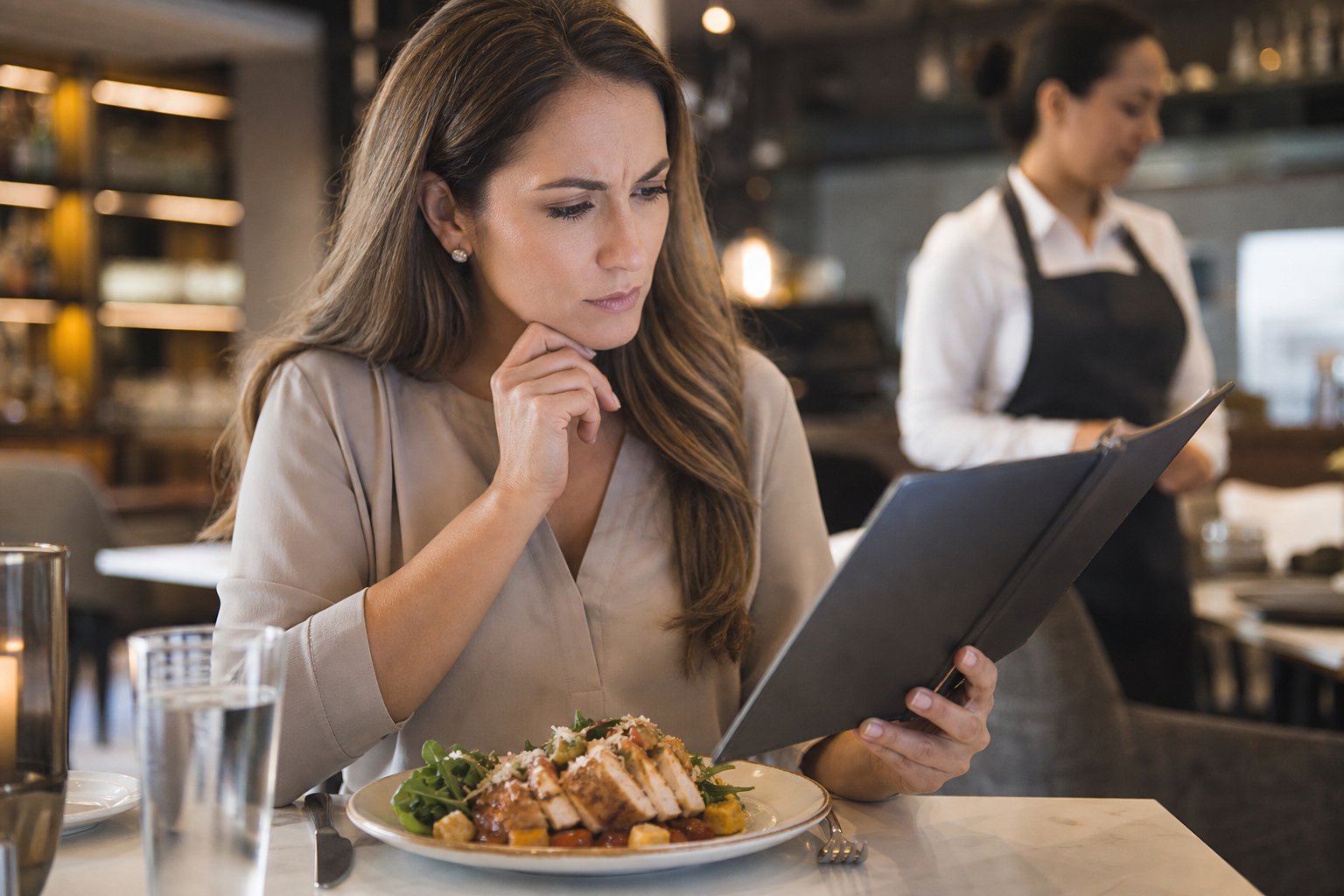 A diner examines a restaurant menu and a plated meal while considering hidden carbohydrate ingredients.