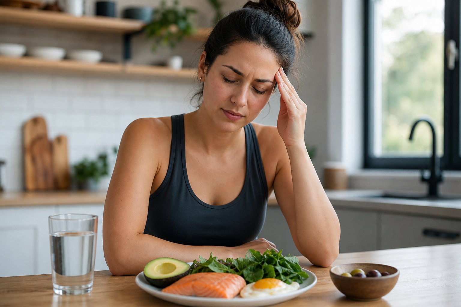 An adult gently holds their temples while seated at a table with water and low-carbohydrate foods.