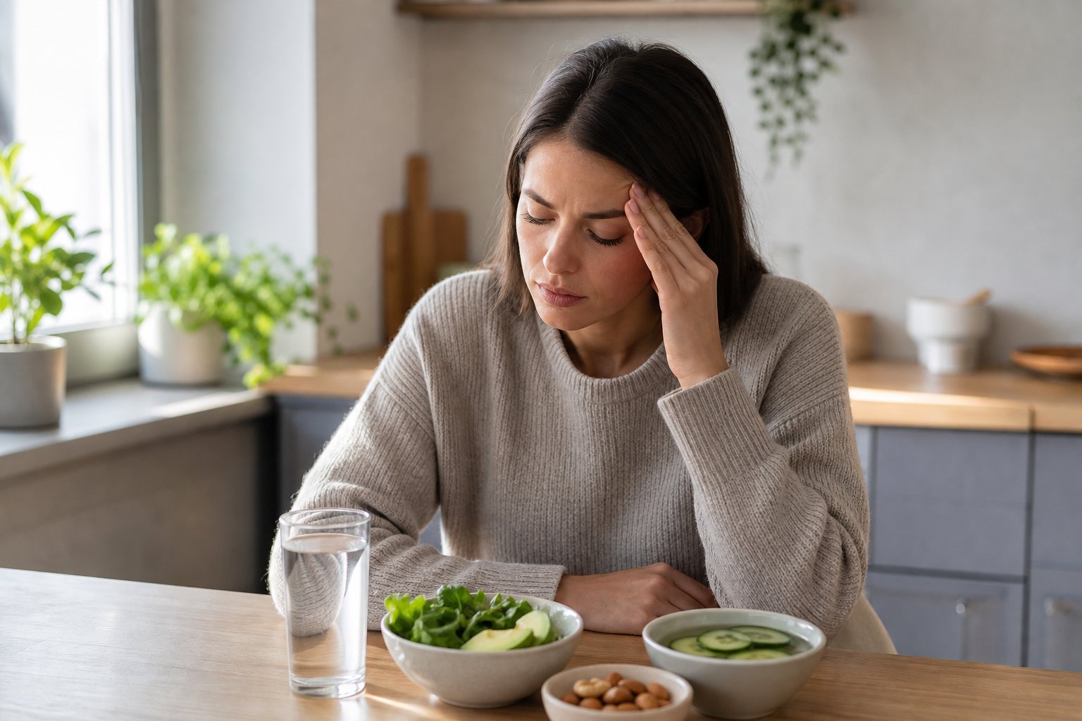 An adult with a mild headache sits at a kitchen table beside water and keto-friendly foods.