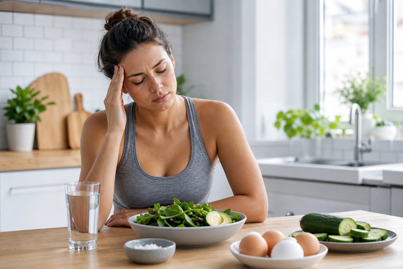 An adult with a headache sits at a kitchen table beside water and low-carbohydrate foods.