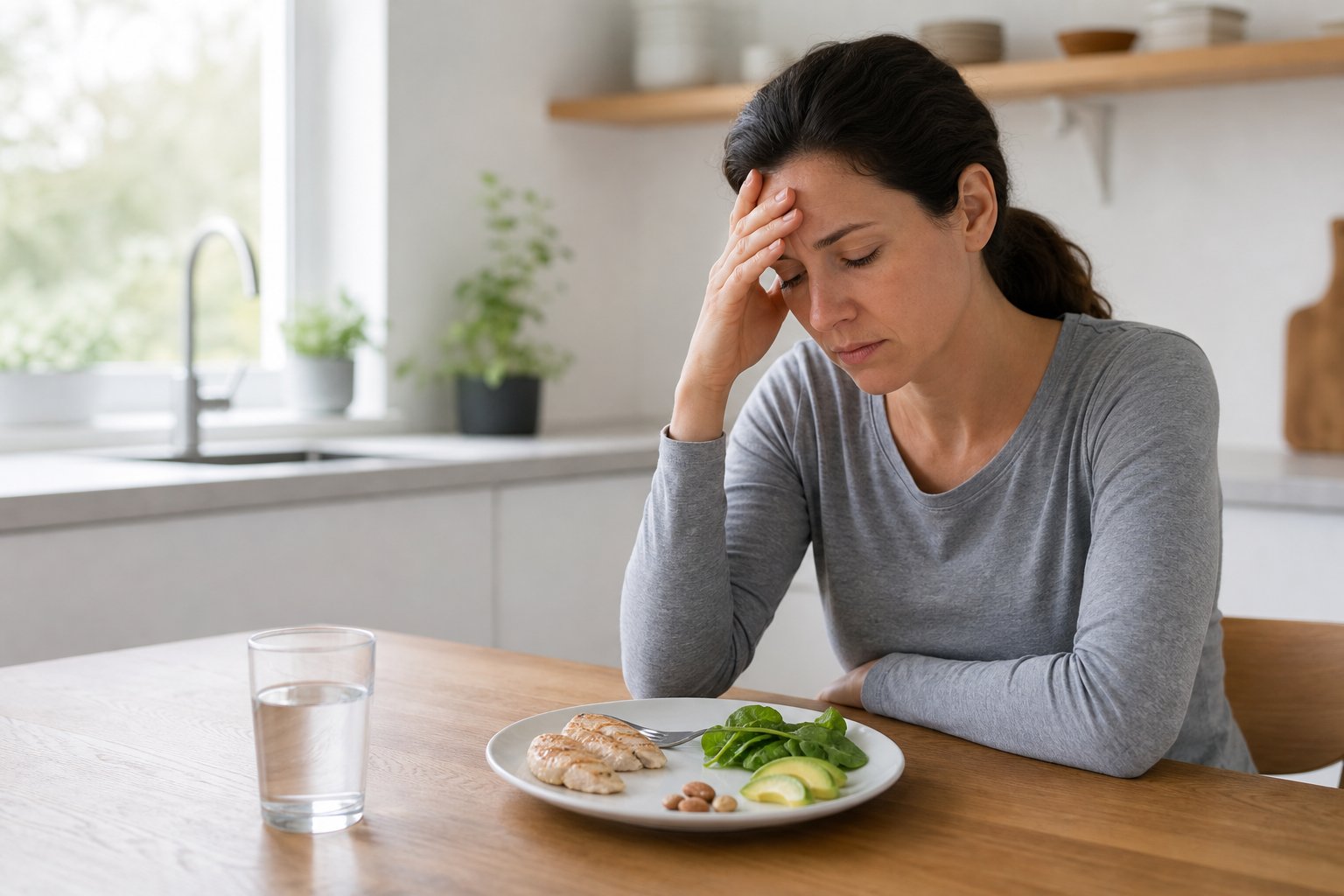 A tired person holds their forehead beside a small low-carbohydrate meal and a glass of water.