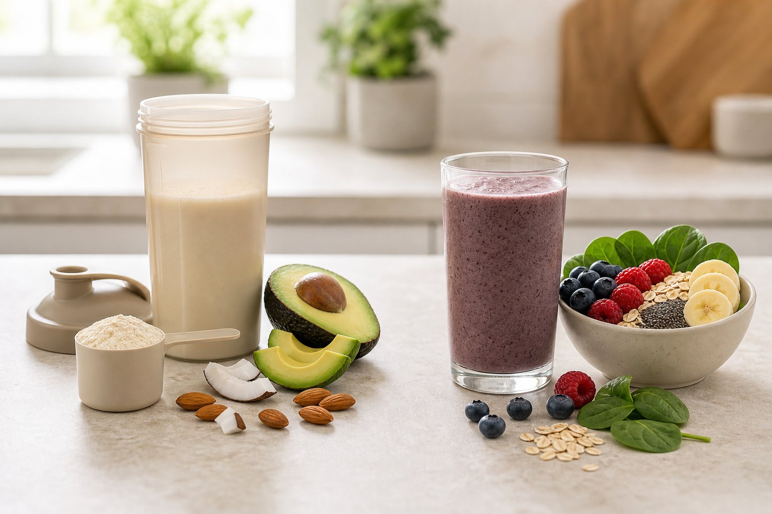 Two glass drinks are shown side by side with protein powder and keto-friendly ingredients on one side and a nutrient-rich smoothie with assorted foods on the other.