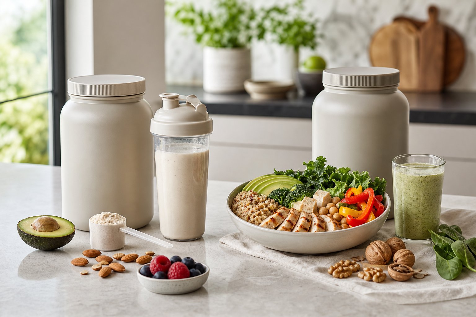Protein powder and a complete meal replacement are arranged side by side on a kitchen counter.