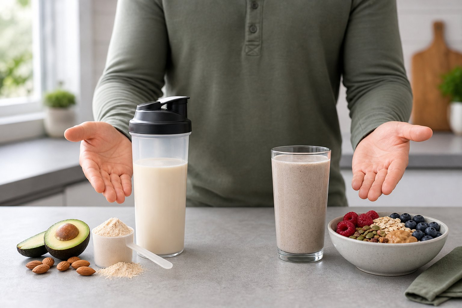 A person compares a protein shake with a more complete meal replacement drink on a kitchen counter.