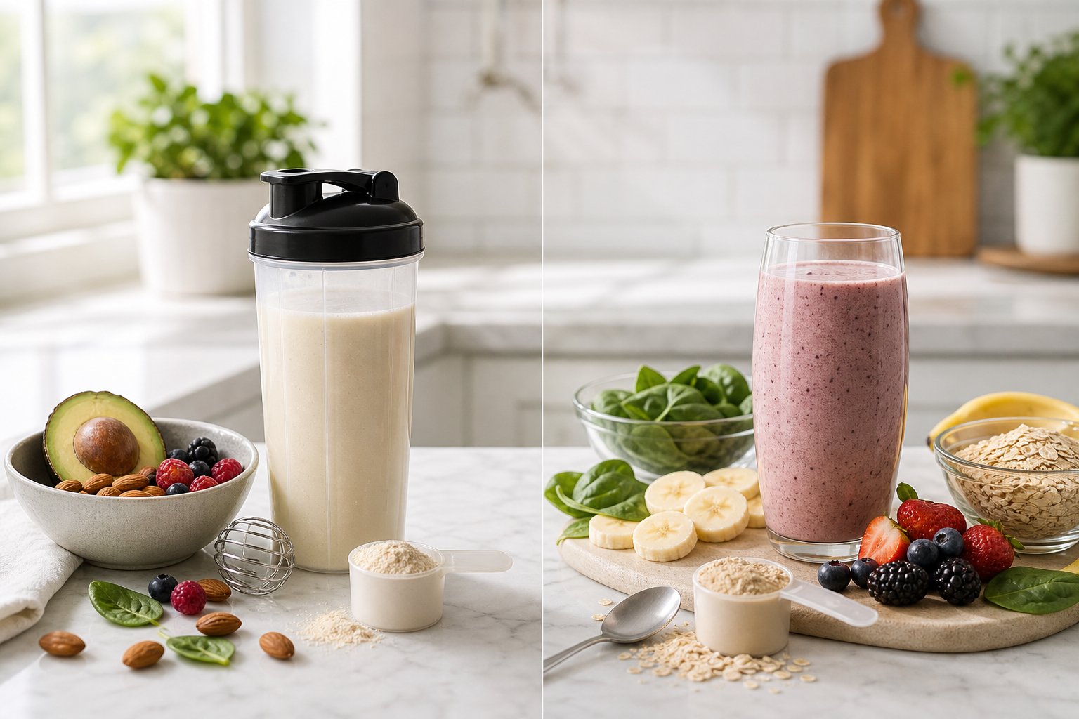A shaker bottle and smoothie glass sit on a kitchen counter beside ingredients for keto protein and meal replacement drinks.