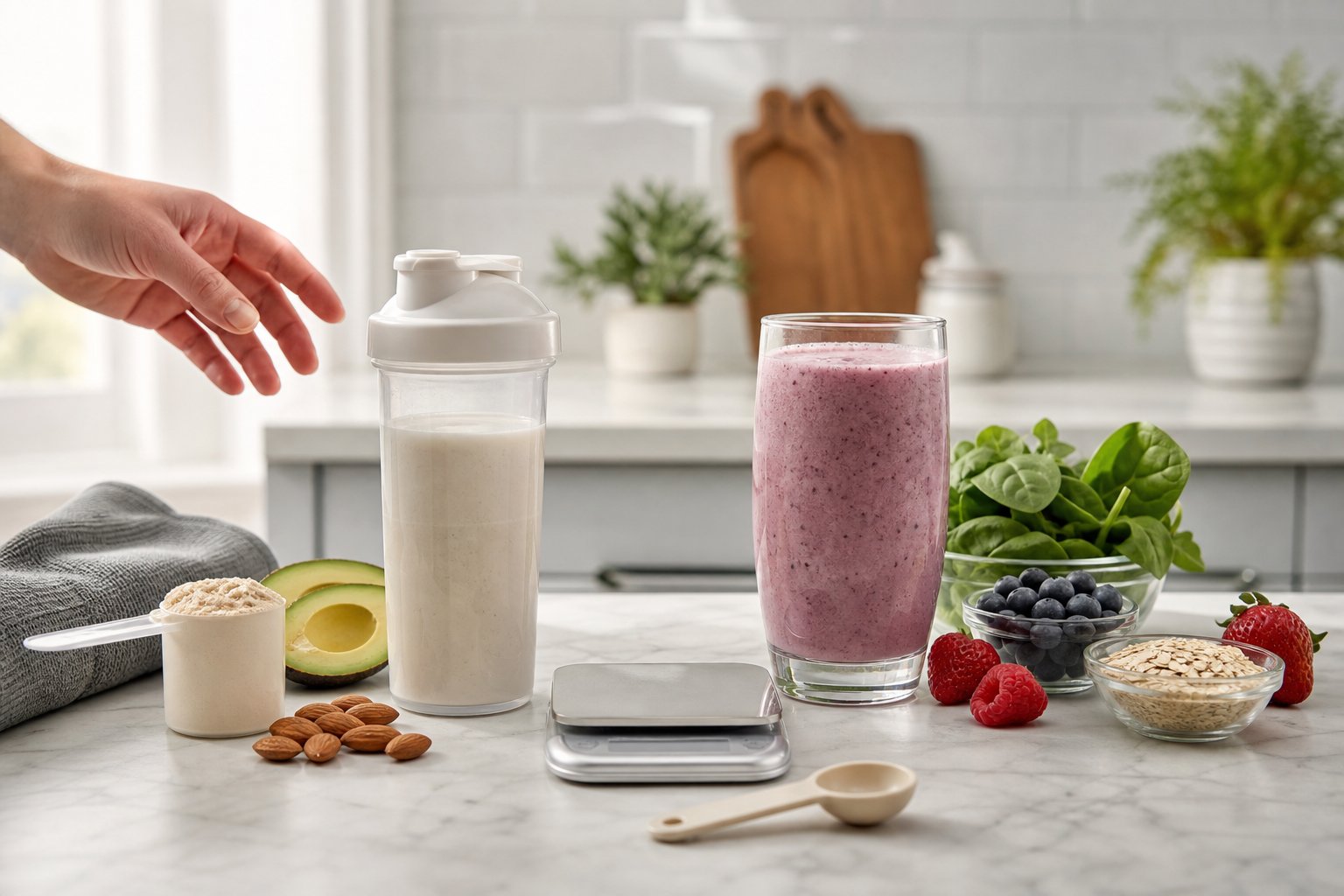 Two nutritious drink options arranged side by side on a kitchen counter, with protein powder ingredients on one side and meal replacement ingredients on the other.